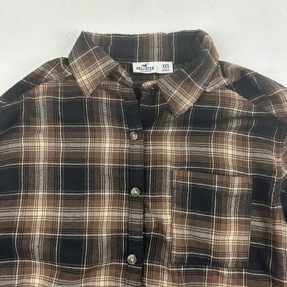 Hollister Sz XXS Brown Plaid Button Down Shirt Soft Flannel Long Sleeve Viscose - Picture 3 of 7